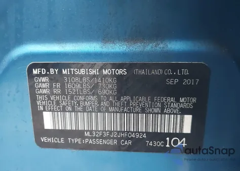 2018 Mitsubishi Mirage G4 Es z USA, uszkodzony, nr VIN ML32F3FJ2JHF04924